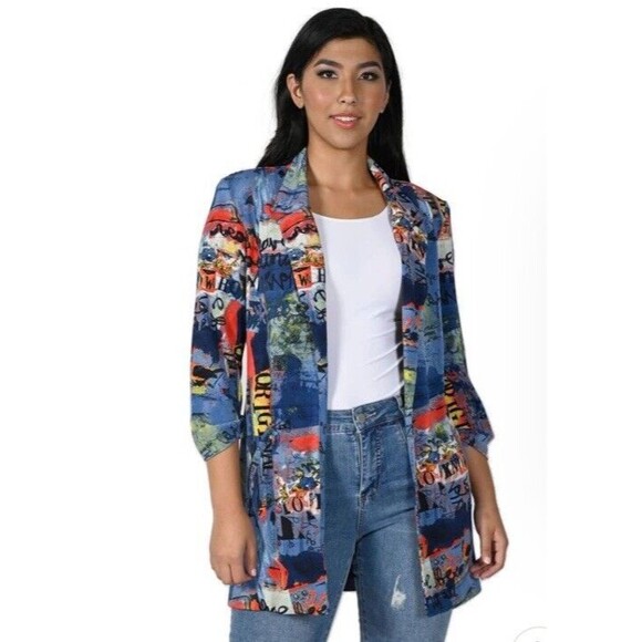 Frank Lyman Blue/Red Abstract Print Open Front Blazer Size 4 Art To Wear Luxury